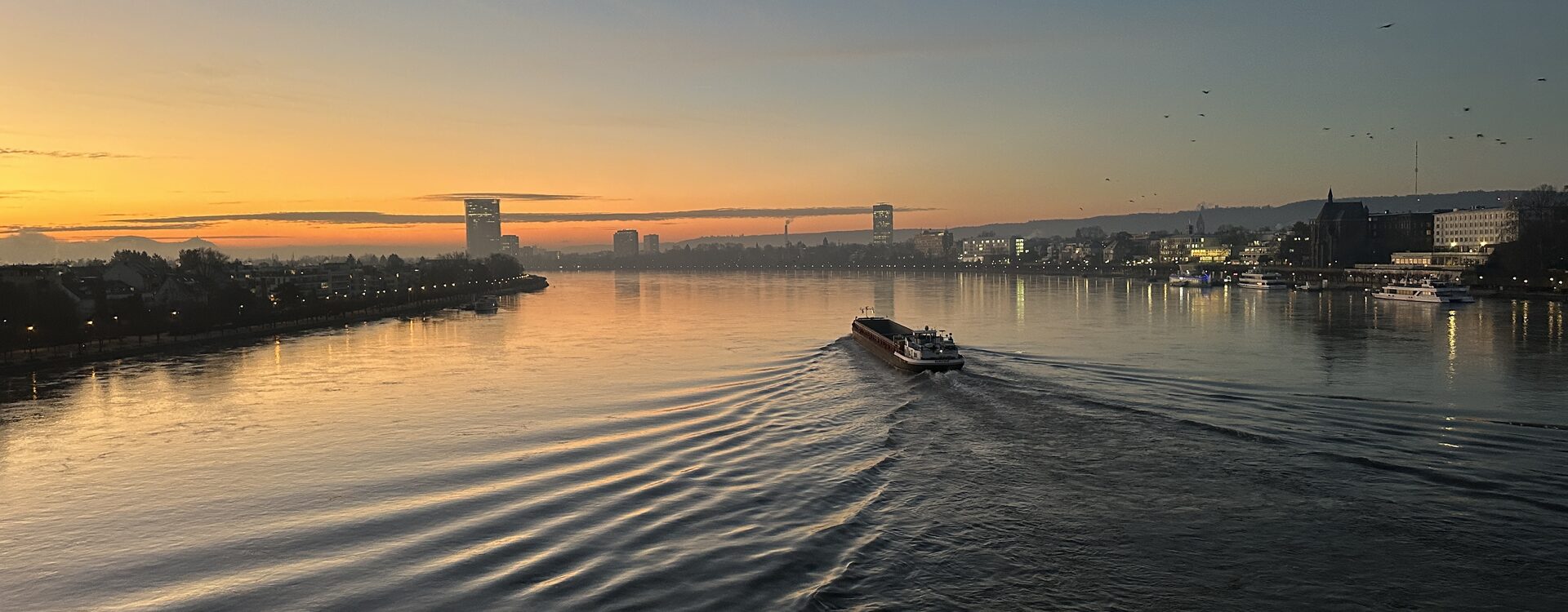 Das Foto zeigt den Sonnenaufgang über dem Bonner Rhein. Auf dem Wasser fährt ein Schiff.