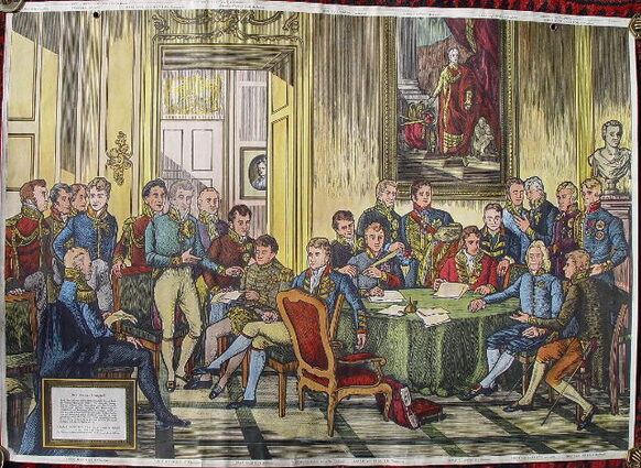 Zu sehen ist ein buntes Bild mit vielen Menschen in einem Saal. Sie stehen und sitzen um einen runden Tisch. Es handelt sich um Bild des Wiener Kongresses.