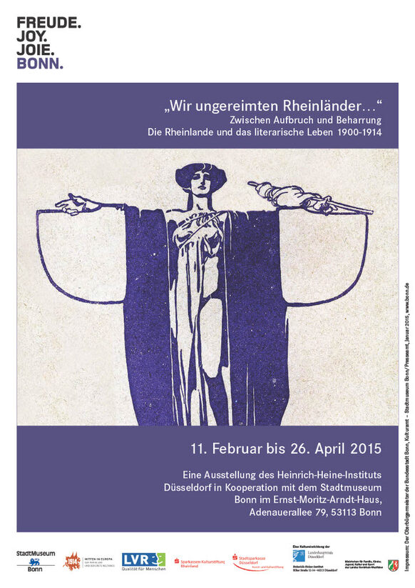 Das Plakat zeigt in der Mitte eine Figur. Darüber steht auf lilafarbenem Hintergrund: Wir ungereimten Rheinländer. Unter der Figur steht auf lilafarbenem Hintergrund: 11. Februar bis 26. April 2015.