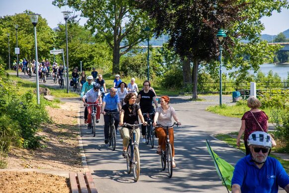 Fahrradfahrer*innen fahren den neuen ausgebauten Radweg in der Beueler Rheinaue entlang