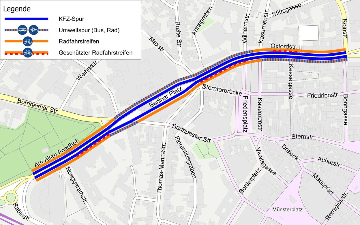 Zwischen Altem Friedhof und Bertha-von-Suttner-Platz werden Umweltspuren sowie (geschützte) Radfahrstreifen markiert.