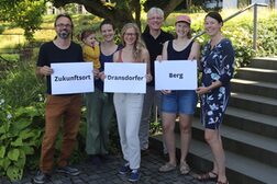 Personengruppe mit drei Schildern "Zukunftsort Dransdorfer Berg" in den Händen.