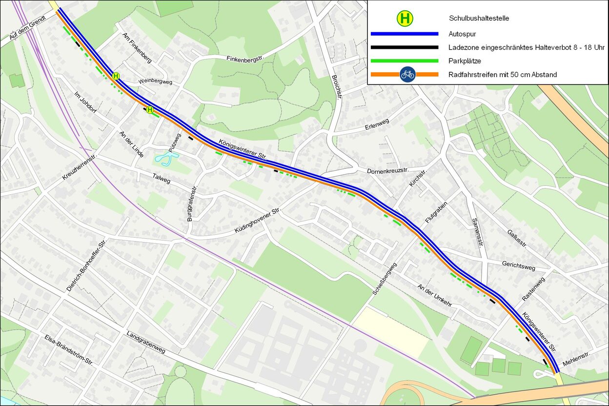 Der Ausschnitt aus dem Stadtplan verdeutlicht die künftige Regelung an der Königswinterer Straße