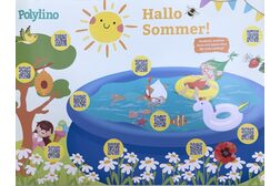 Das Sommerplakat der Polylino App zeigt ein Planschbecken, Blumen und Schwimmtiere