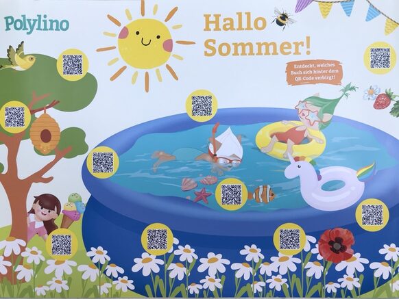 Das Sommerplakat der Polylino App zeigt ein Planschbecken, Blumen und Schwimmtiere