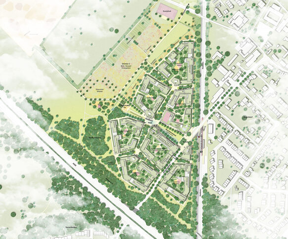 Übersichtsplan vom Siegerentwurf für die Bebauung "Im Rosenfeld" in Buschdorf. Die Fläche liegt zwischen den Stadtbahngleisen, dem Grünen C und der Autobahn 555.