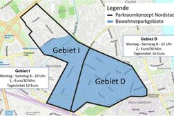 Die Karte zeigt das Gebiet für das Parkraumkonzept Nordstadt. In den farbig markierten Gebieten wird das Parken in Zukunft bewirtschaftet, um Anwohnenden mit Bewohnerparkausweis bei der Parkplatzsuche Vorrang einzuräumen.