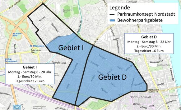 Die Karte zeigt das Gebiet für das Parkraumkonzept Nordstadt. In den farbig markierten Gebieten wird das Parken in Zukunft bewirtschaftet, um Anwohnenden mit Bewohnerparkausweis bei der Parkplatzsuche Vorrang einzuräumen.