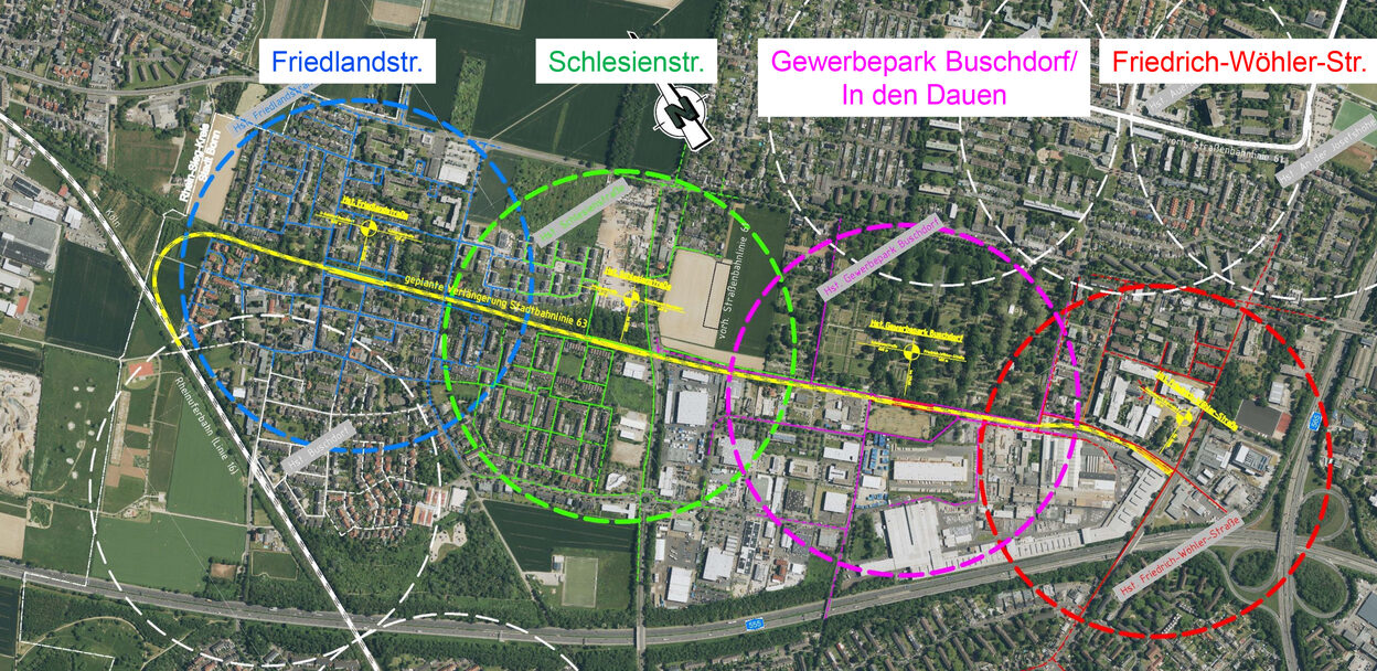 Die Grafik zeigt die geplante Verlängerung der Stadtbahnlinie 63 durch Buschdorf mit den vier Haltestellen Friedlandstraße, Otto-Hahn-Straße, Schlesienstraße (Gewerbepark) und Friedrich-Wöhler-Straße (Nordbahnhof).