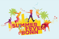 Das Bild zeigt das Logo des Festes Summer Fever mit Schriftzug und Silhouetten von tanzenden Menschen.