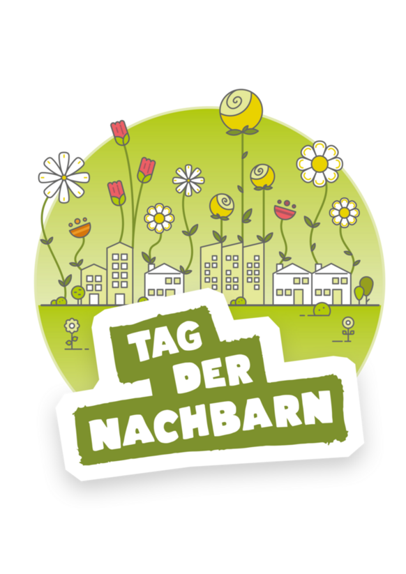 Das Bild zeigt das Logo zum Tag der Nachbarn mit einer Häusersilhouette und Blumen.