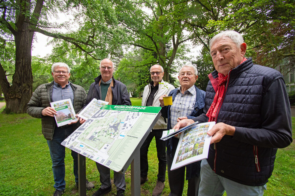 Mitarbeitende des Amtes für Umwelt und Stadtgrün und Mitglieder vom Verein "Bürger.Bad.Godesberg" stehen um die Übersichtstafel des Baumlehrpfades im Stadtpark.