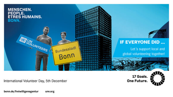 Das Bild zeigt das Kampagnenmotiv der Stadt Bonn und UNV zum Weltfreiwilligentag.