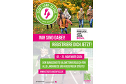 Plakat der Bundesstadt Bonn zur Teilnahme an "Stadt Land zu Fuß" zeigt eine laufende Familie und eine laufende Gruppe Jugendlicher..