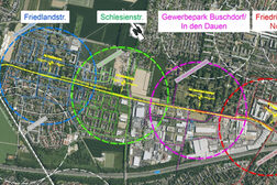 Auf der Karte sind der geplante Streckenverlauf und die vorgesehenen Standorte der vier Haltestellen in Buschdorf abgebildet.