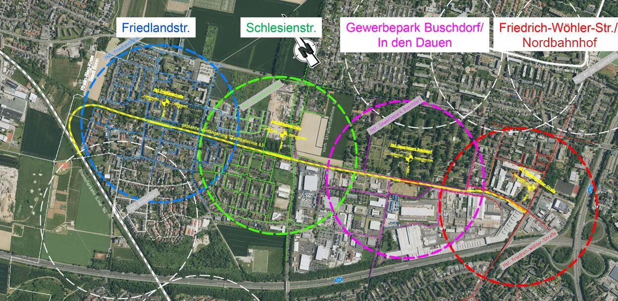 Auf der Karte sind der geplante Streckenverlauf und die vorgesehenen Standorte der vier Haltestellen in Buschdorf abgebildet.