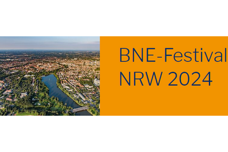 Fotocollage mit einer Stadtaufnahme aus der Luft und dem Schriftzug BNE-Festival NRW 2024