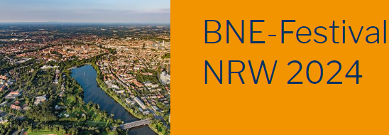 Fotocollage mit einer Stadtaufnahme aus der Luft und dem Schriftzug BNE-Festival NRW 2024
