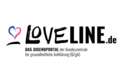 Das Logo zeigt die Aufschrift „Loveline.de – Das Jugendportal der Bundeszentrale für gesundheitliche Aufklärung (BZgA)“ zu lesen. Daneben ist ein Herz zu sehen.