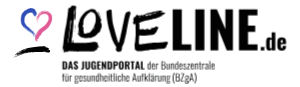 Das Logo zeigt die Aufschrift „Loveline.de – Das Jugendportal der Bundeszentrale für gesundheitliche Aufklärung (BZgA)“ zu lesen. Daneben ist ein Herz zu sehen.