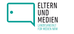 Auf dem Logo ist die Aufschrift „Eltern und Medien. Landesanstalt für Medien NRW“ zu lesen. Daneben ist eine Sprechblase erkennbar.