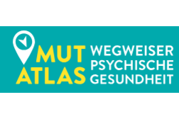 Auf dem grünen Logo ist in gelber Schrift „Mut Atlas“ zu lesen, in weißer Schrift „Wegweiser Psychische Gesundheit".