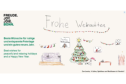 Zu sehen ist eine Weihnachtsgrußkarte: Beste Wünsche für ruhige und entspannte Feiertage und ein gutes neues Jahr" ist darauf zu lesen. Daneben ist ein gemaltes weihnachtliches Wohnzimmer mit Tannenbaum.