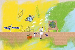 Die Zeichnung zeigt einen Wegweiser, eine Apfel, Planeten und einen Roboter