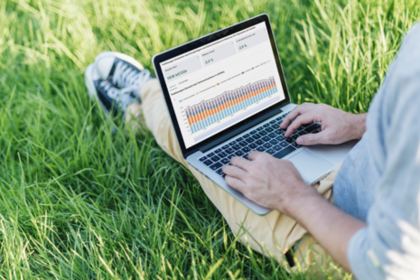 Eine Person sitzt mit einem Laptop auf einer Wiese.