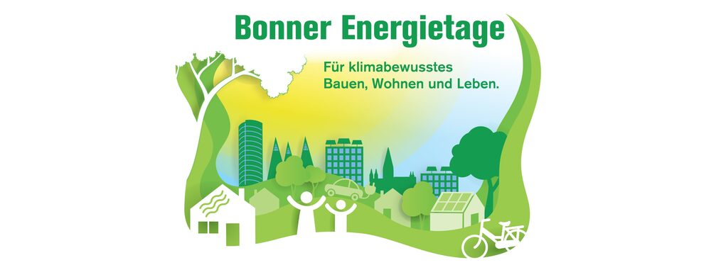 Zeichnung mit Häusern, Bäumen, Menschen und Schriftzug Bonner Energietage - Für klimabewusstes Bauen, Wohnen und Leben.