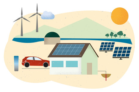 Die Illustration zeigt im Mittelpunkt ein Einfamilienhaus, daneben ein ladendes Elektroauto und Solarpanelen sowie Windräder im Hintergrund.