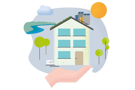Die Illustration zeigt ein Wohnhaus mit Wärmepumpe im Garten.
