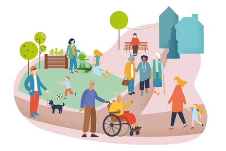 Das Bild zeigt eine Illustration mit unterschiedlichen Menschen, die in einem Stadtpark unterwegs sind.