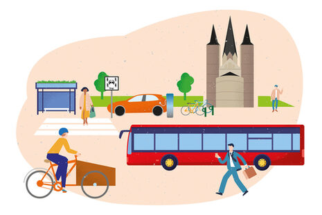 Die Illustration zeigt verschiedene Menschen rund um das Bonner Münster, die unterschiedlich unterwegs sind: Mit dem Rad, dem Bus und zu Fuß.