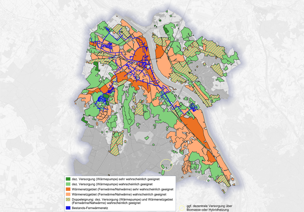 Karte der Wärmeversorgungsgebiete der Stadt Bonn.