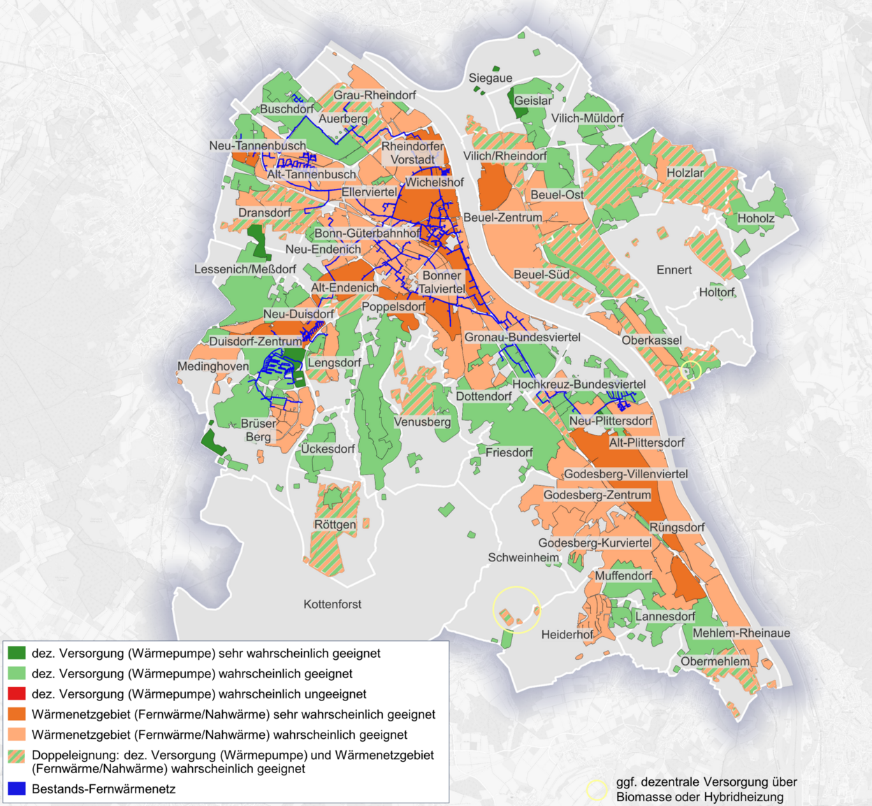 Karte der Wärmeversorgungsgebiete der Stadt Bonn.