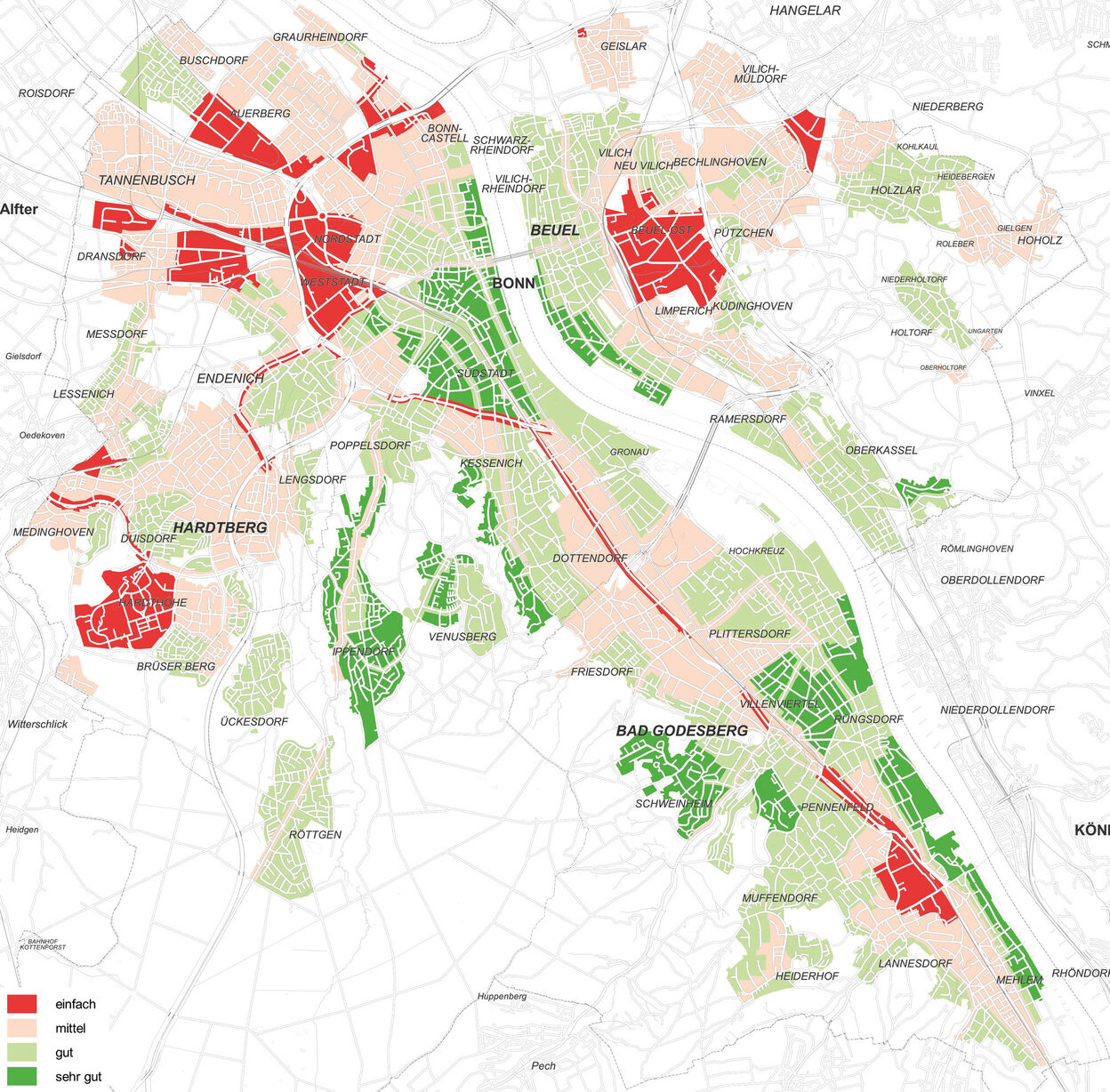 Der Bonner Stadtplan mit den farblich markierten Wohnlagen