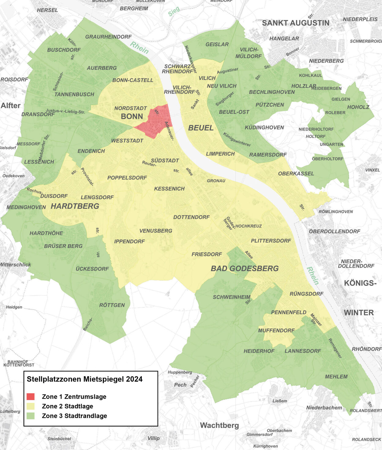 Die Karte zeigt in drei Farben die Stellplatzzonen in Bonn