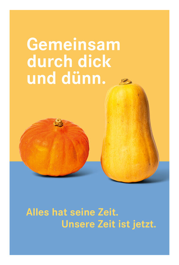 Zwei Kürbisse, einer davon orange und rundlich, der andere gelb und lang.