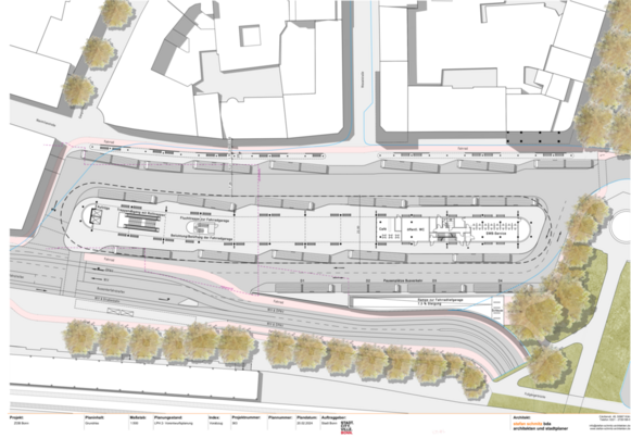 Die Planzeichnung zeigt den künftigen Busbahnhof von oben