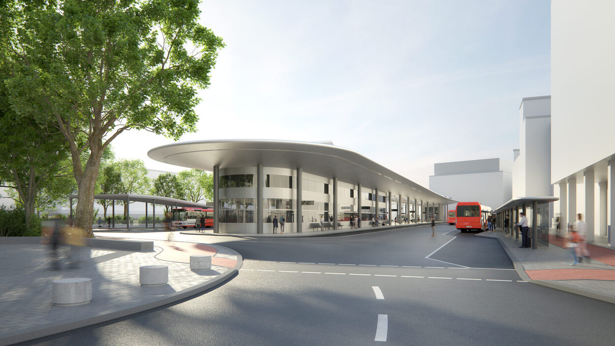 Diese Visualisierung zeigt, wie der Wartebereich auf der Mittelinsel des neuen Zentralen Omnibus-Bahnhofs vom Kaiserplatz her aussehen könnte.