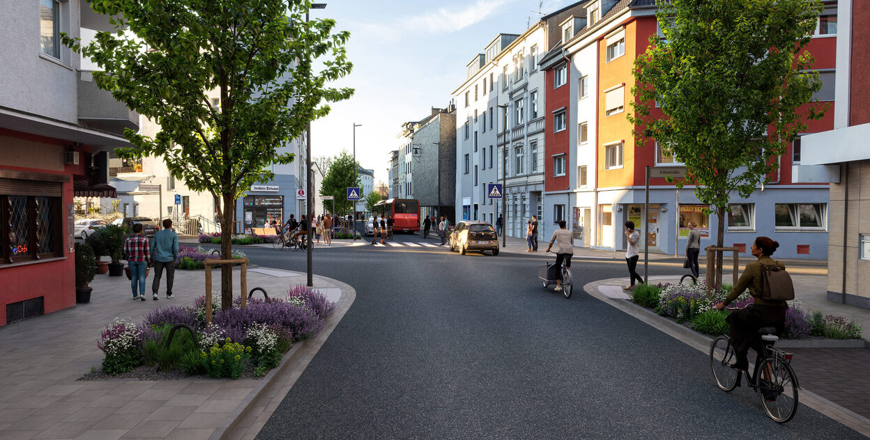 Die Visualisierung zeigt die Kreuzung Bornheimer Straße/Eifelstraße mit viel Grün und breiten Gehwegen.