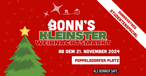 Feiert mit uns auf „Bonns kleinstem Weihnachtsmarkt“ auf dem Poppelsdorfer Platz und genießt festliche Stimmung, leckere Getränke und Snacks – perfekt für die gemütliche Adventszeit!