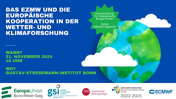 Das Plakat zum Vortrag zeigt eine gezeichnete Erdkugel und weiße Wolken