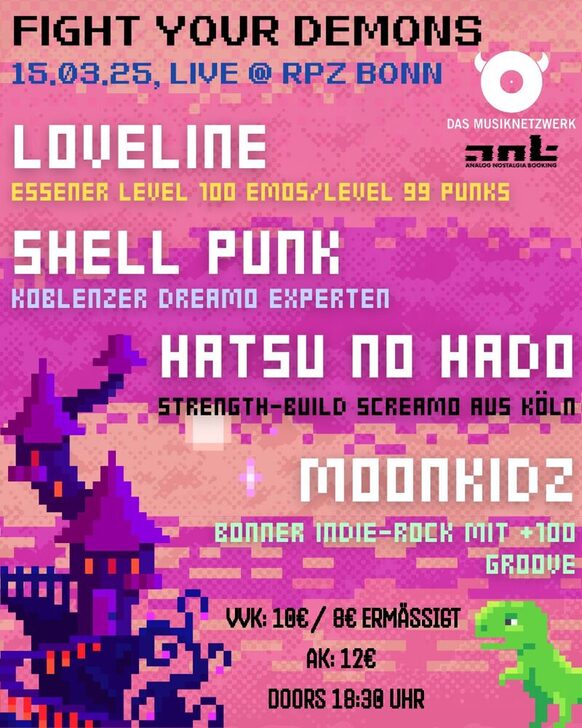 Flyer für die Veranstaltung. Loveline, Essener Emo Punks  Shell Punk, Dreamo aus Koblenz/Bonn  Hatsu No Hado, Screamo aus Köln (erste Show!)  Moonkidz, Indie-Rock aus Bonn (erste Show!)     Doors 18:30, Beginn 19:00 Uhr  Vorverkauf 10€, Abendkasse 12€