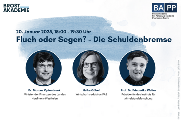 Fyler mit Bildern der teilnehmenden DIskutanten Dr. Markus Optendrenk, Heike Göbel und Prof. Dr. Friederike Welter. Darüber stehen Datum, Uhrzeit und Titel der Veranstaltung.