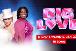 Man sieht vor einem blauen Hintergrund Chris Kolonko und Bridget Fogle in ihren schillernden Kostümen. Über den beiden Multitalenten steht das Logo von  "Big Love" geschrieben.  Ebenfalls wird auf dem Bild darauf hingewiesen, dass die Show vom 8. November bis 12.Januar gespielt wird.