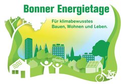 Teilansicht eines Stadtbildes mit besonderer Hervorhebung der klimafördernden Nutzung von Elektroauto, Fahrrad, Photovoltaik und Wärmepumpe