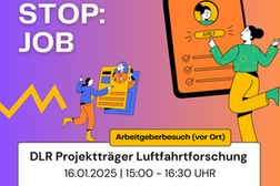 Das Bild zeigt ein farbenfrohes Plakat für die Veranstaltung "Next Stop: Job". Der Hintergrund verläuft von violett nach orange, und das Design zeigt eine moderne, spielerische Illustration.  Beschreibung der Hauptelemente: Titel: "NEXT STOP: JOB" steht in großer weißer Schrift oben links. Illustrationen: Drei stilisierte Figuren interagieren mit Bewerbungselementen. Links hält eine Figur Lebensläufe in den Händen, rechts klickt eine Figur auf einen Button mit "APPLY" auf einem großen Bewerbungsformular. Informationen zur Veranstaltung: In einem gelben Kasten steht „Arbeitgeberbesuch (vor Ort).“ Darunter in schwarzer Schrift: DLR Projektträger Luftfahrtforschung. Zeit und Datum: 16.01.2025 | 15:00 – 16:30 Uhr. Logos: Die Logos von „Freude. Joy. Joie. Bonn.“, Kreis Ahrweiler und Rhein-Sieg-Kreis sind am unteren Rand des Plakats abgebildet. Diese grafischen Elemente vermitteln das Ziel der Veranstaltung: Arbeitgeberbesuche und Karrieremöglichkeiten in einem modernen und einladenden Stil.