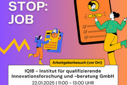 Das Bild zeigt eine bunte und dynamische Grafik, die für die Veranstaltung "Next Stop: Job" wirbt. Die wichtigsten Informationen sind in großen Buchstaben und gut lesbar dargestellt. Im oberen Bereich steht der Titel „Next Stop: Job“ in weißer Schrift vor einem Farbverlauf von Violett zu Orange. Im Zentrum sind gezeichnete Figuren zu sehen: Eine Person interagiert mit einer Bewerbungsmappe, während eine andere eine Checkliste in der Hand hält. Rechts springt eine Person freudig vor einem großen Bewerbungsformular mit einem „Apply“-Button. Im unteren Bereich werden die Details der Veranstaltung hervorgehoben: •	"Arbeitgeberbesuch vor Ort" als gelber Hinweis. •	Veranstaltungsorte IQIB - Institut für qualifizierende Innovationsforschung und -beratung GmbH. •	Datum und Zeit: 22. Januar 2025, 11:00–13:00 Uhr. Am unteren Rand befinden sich die Logos der beteiligten Organisationen: „Freude. Joy. Joie. Bonn“, Kreis Ahrweiler und Rhein-Sieg-Kreis.